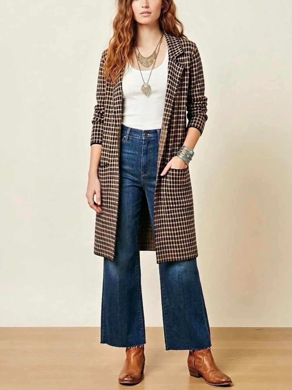 Kathy Ireland Plaid Long Cardigan Duster Sweater Coat Tan Brown Black L